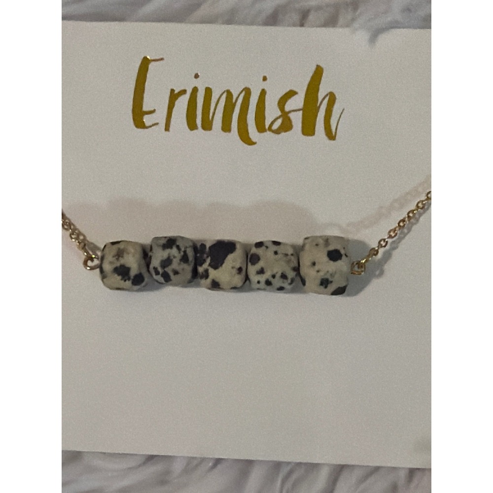 Erimish Dalmatian Jasper Square Bead Bar Necklace Gold Tone Chain Adjustable